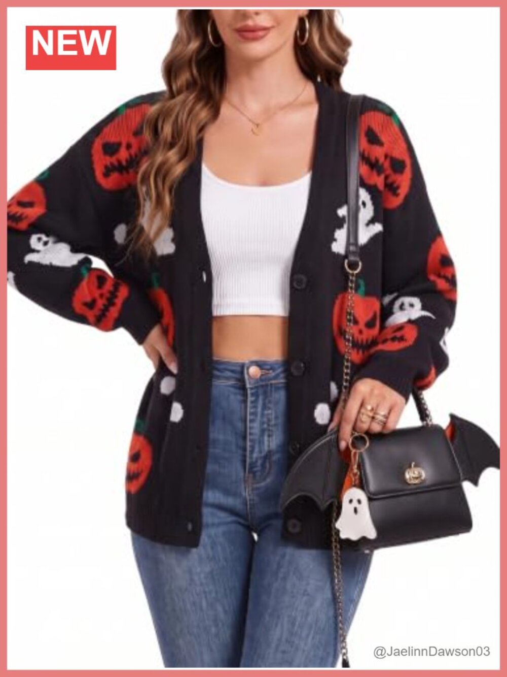 Halloween Pumpkin Ghost Open Front Button Knit Cardigan Sweater Women Loose